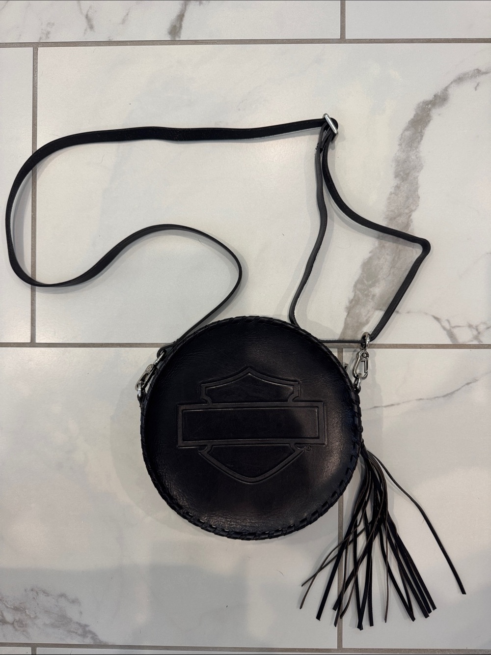 Harley-Davidson Black Round Leather Crossbody Bag with Tassel